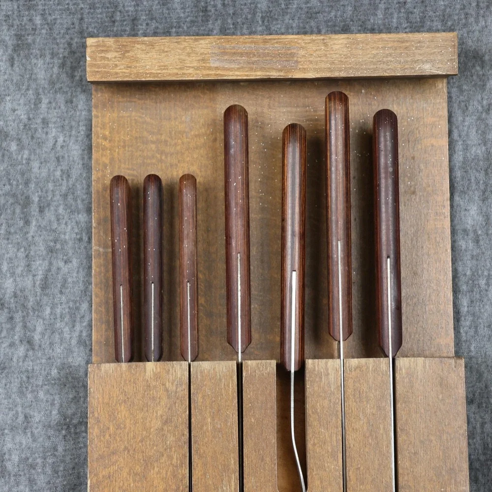 Vintage Forgecraft Knife Set Of 8 Brown Wood Handles Rack Stainless Kitchen